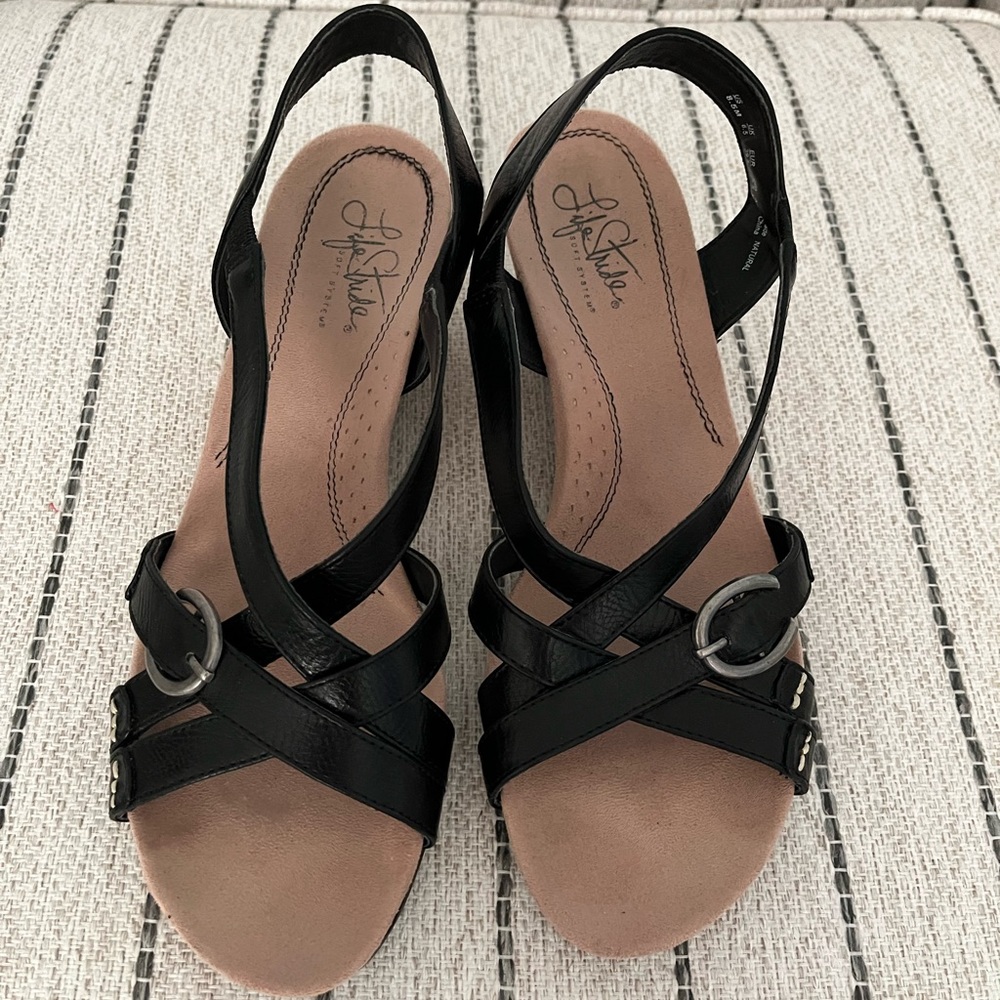 LifeStride Black strappy wedge heel 9.5M 2" heel